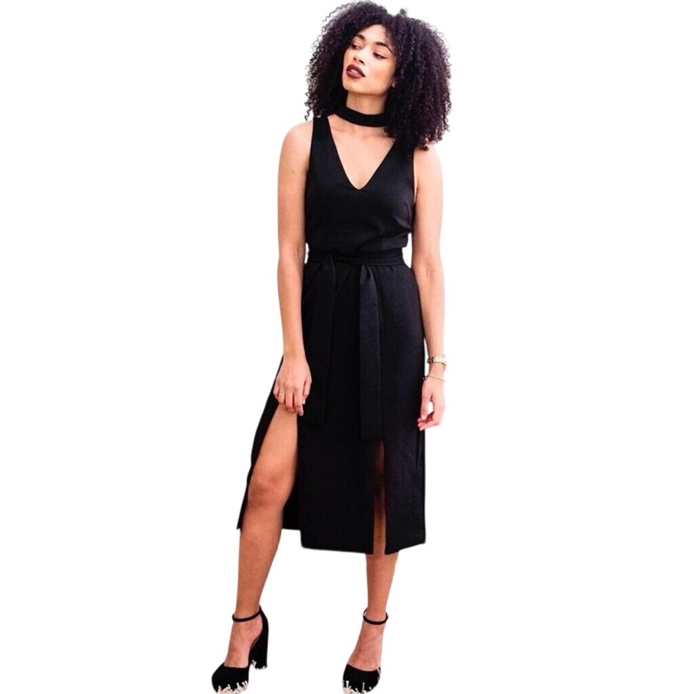 Lavish Alice Black Choker Neck Tie Waist Double Slit Midi Dress‎ US 2